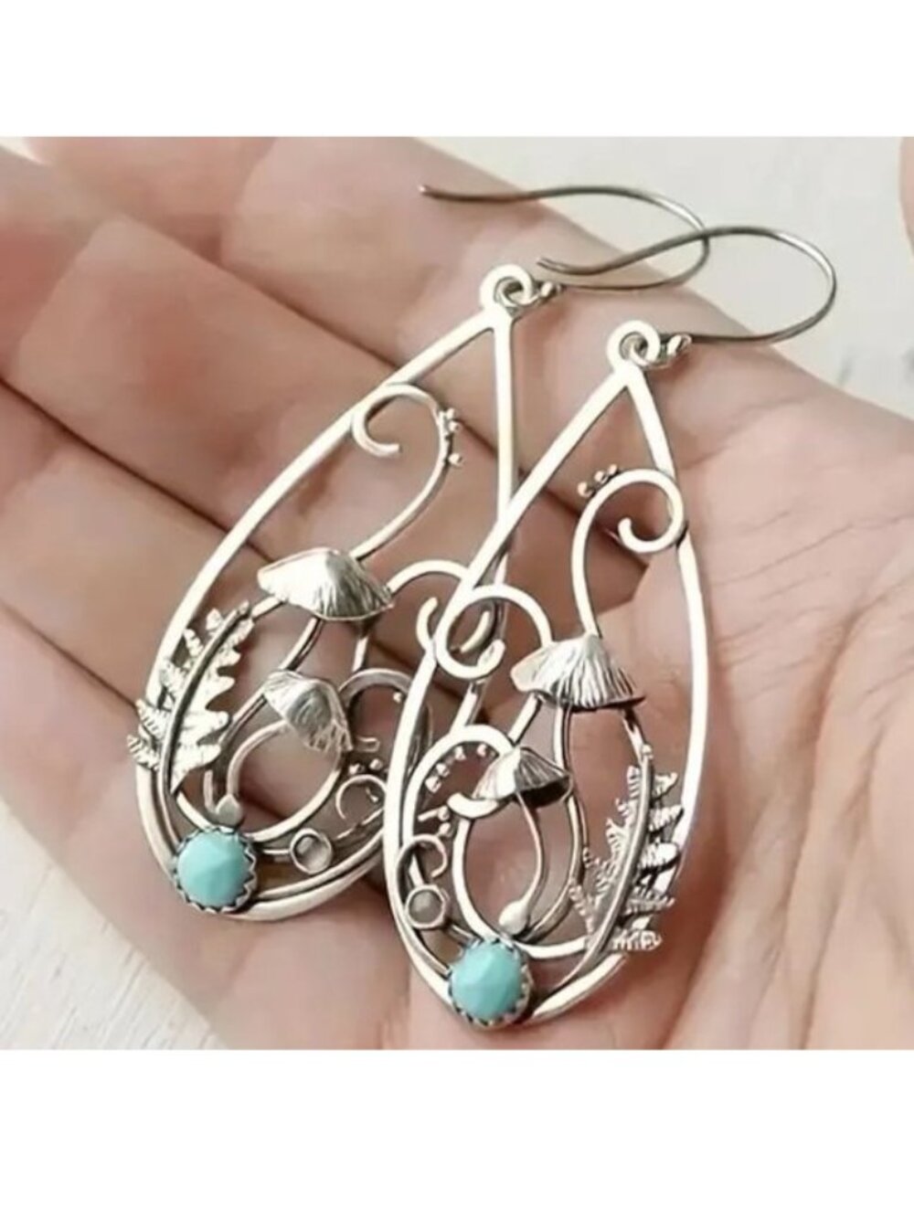Turquoise Earrings Mushrooms 3D Dangle Stylish Boho Wonderland Unique Ornate Fun